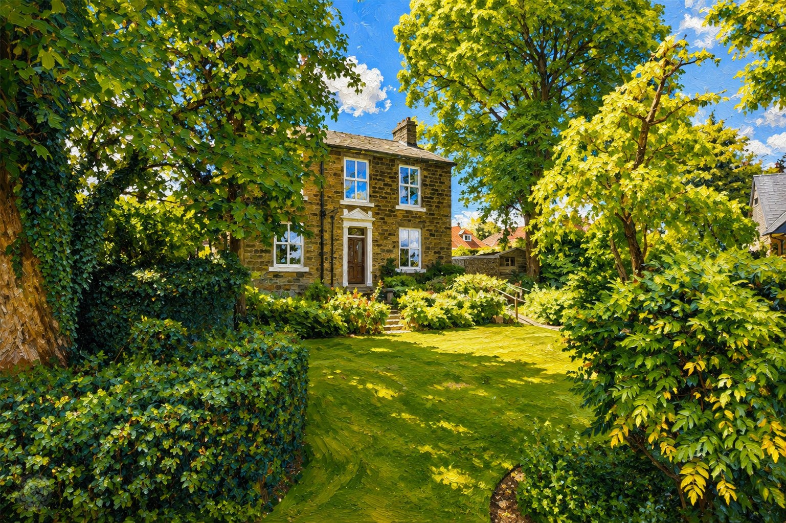 A painted view of Broadfield House from the garden, 2022